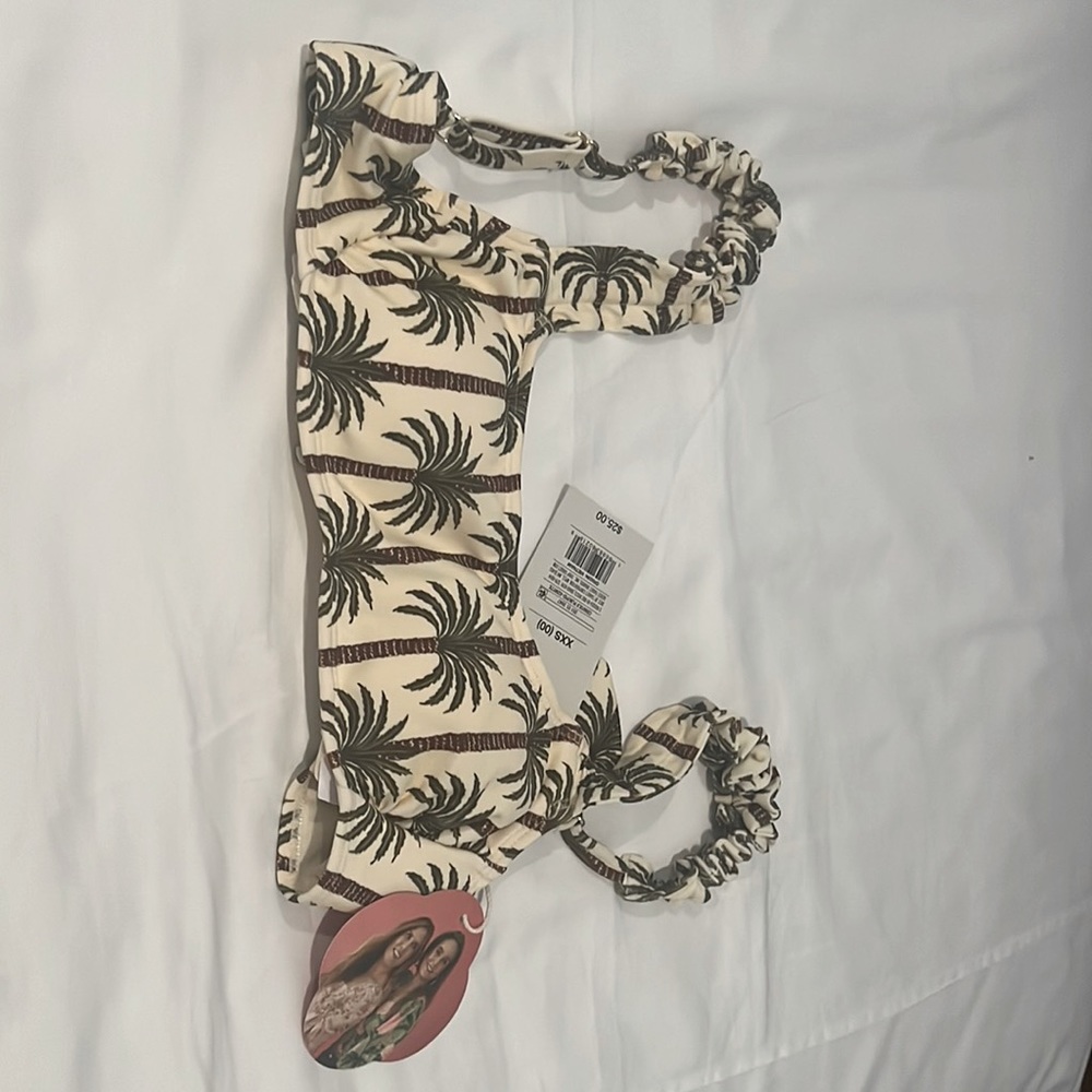 Agua Bendita Cream And Olive Tropical Palm Tree Bralette Swim Top, Size XXS, NWT